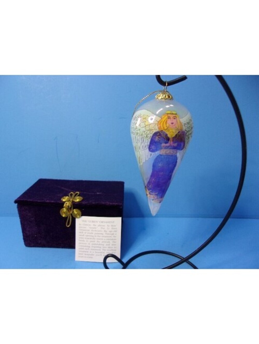 Pier 1 Li Bien 2001 Tear Drop Angel Reverse Painted Glass Ornament in Velvet Box